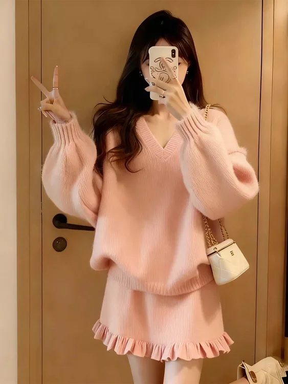 2025新款温柔风针织套装女秋冬粉色毛衣半身裙两件套千金感穿搭