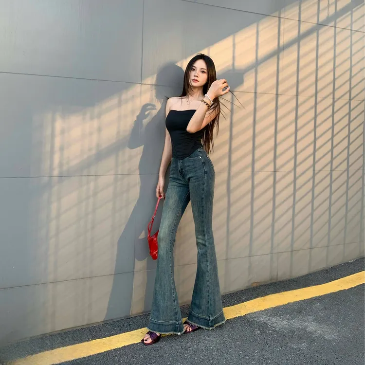 裤长110cm起水泥灰女士牛仔喇叭裤户外高级显瘦修身（175笑笑）