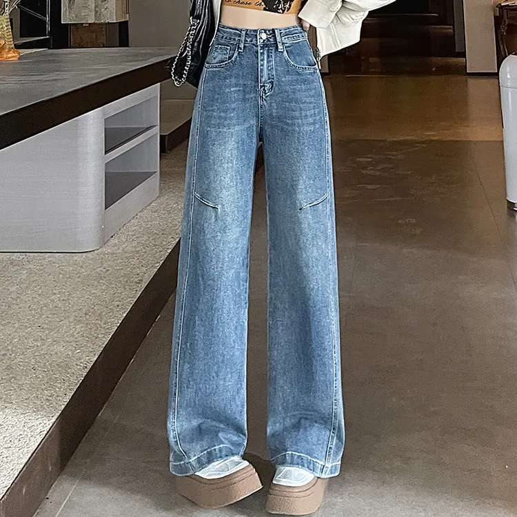 3002小众复古拼接直筒阔腿牛仔裤女宽松高腰新款垂感宽松拖地裤子