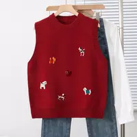 本命服红色卡通刺绣针织马甲女外搭秋冬新款宽松叠穿毛衣坎肩背心