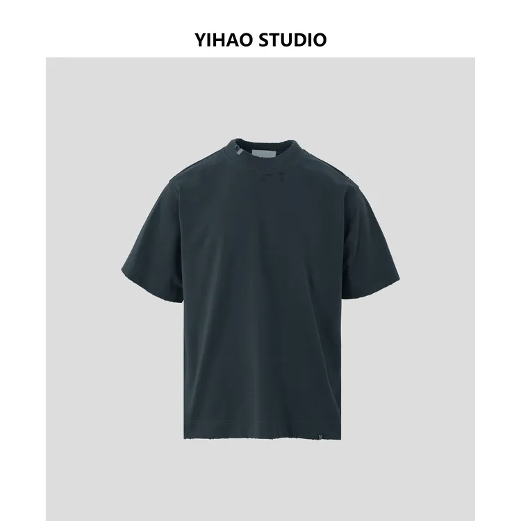 夏季新款男士美式潮流破洞T恤刀割磨破个性时尚圆领纯色水洗短袖