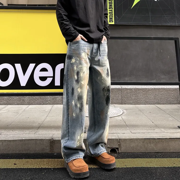 QUALCOMM美式潮流直筒牛仔裤男女款秋季扎染宽松阔腿裤高街脏脏裤
