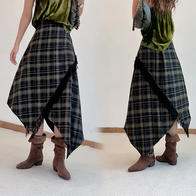 85BQ3835复古格纹半身裙女秋季拼接不规则流苏高腰显瘦A字裙子