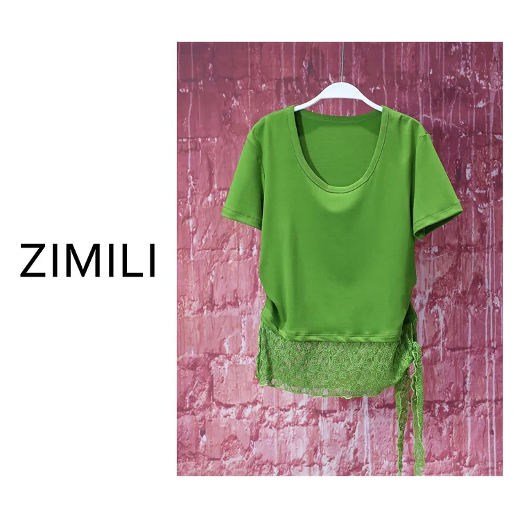 【亮哥女装】2025欧版小众设计师草绿色蕾丝休闲短袖7576-C5