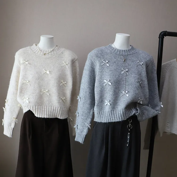 [比正]秋冬新款韩版圆领蝴蝶结小个子短款百搭时尚套头毛衣针织女