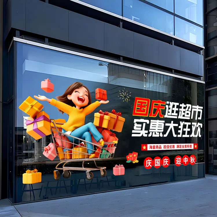 国庆节超市活动玻璃门贴纸商场店铺中秋节氛围布置橱窗装饰广告贴