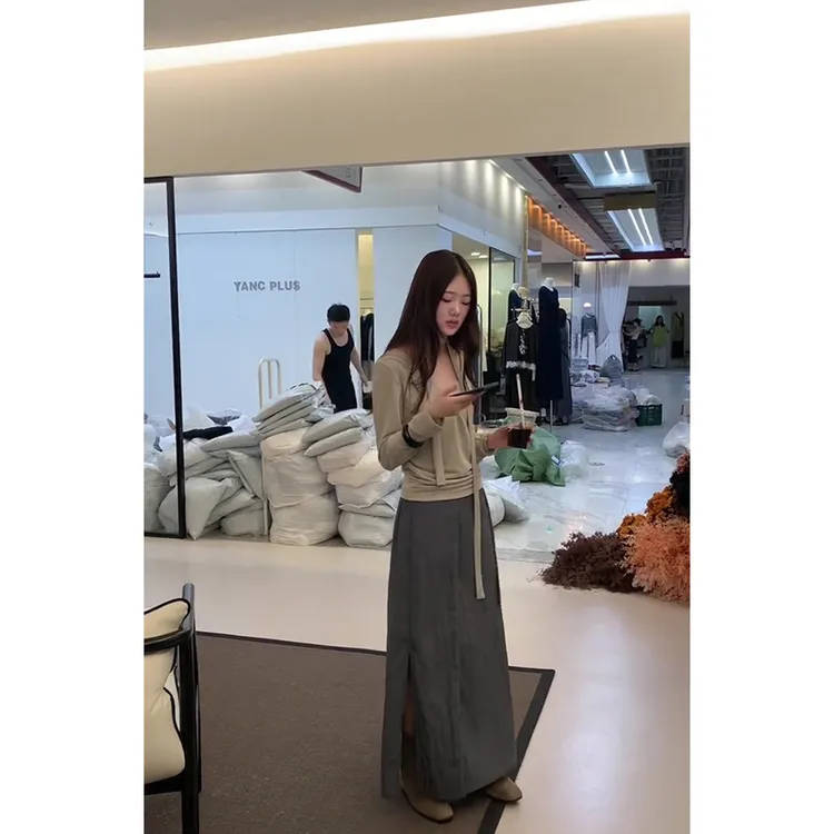 2025春秋季绑带设计薄款长袖打底上衣女高腰后开叉包臀裙半身长裙