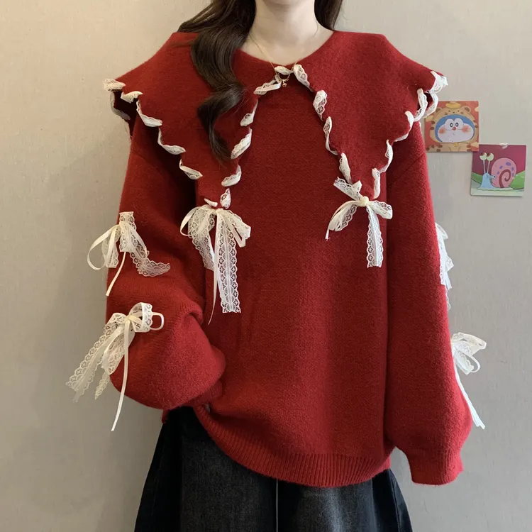 海军领蕾丝系带蝴蝶结红色毛衣女大码胖mm甜美减龄遮肚针织衫上衣