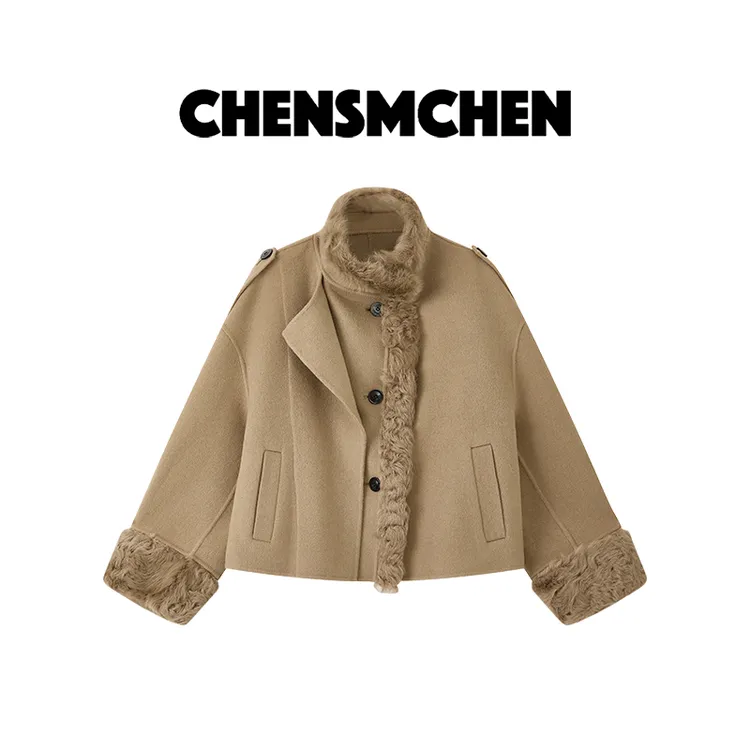 CHENSMCHEN 绵羊毛立领毛呢大衣女时尚气质宽松显瘦外套CSD9066QQ