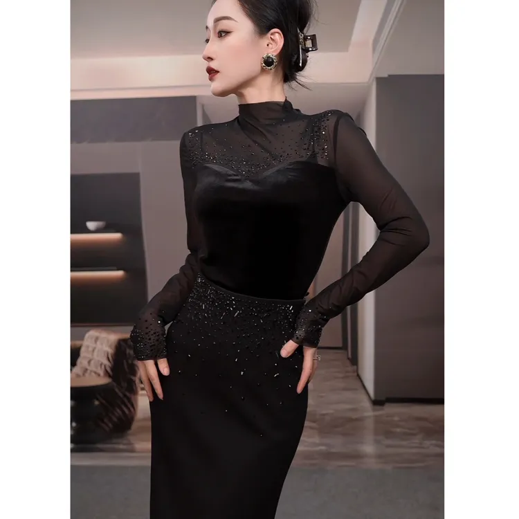 【老板娘原创】打底重工烫钻丝绒上衣时尚气质高雅女人味显瘦80081