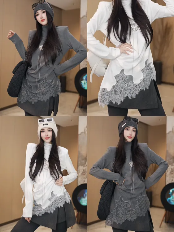 EH秋冬季韩版时尚高级感T恤加绒加厚蕾丝边设计款打底衫W4299