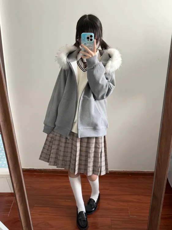 lulu秋冬连帽开衫卫衣jk宽松日系学院风可拆卸毛领百搭多色外套女