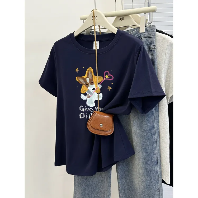 大码微胖正肩短袖t恤女夏季洋气圆领狗狗印花胖mm遮肉半袖上衣潮