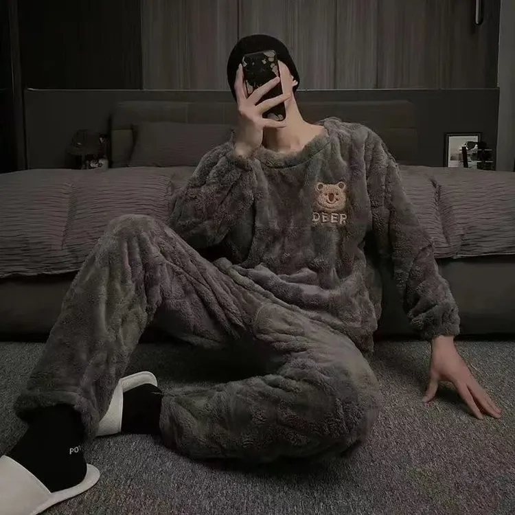 圆领灰色小熊珊瑚绒加绒加厚睡衣秋冬季情侣爆款2025新款家居服