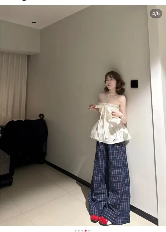 上衣百搭格子INS风时尚套装复古港风格纹裤子休闲风69515