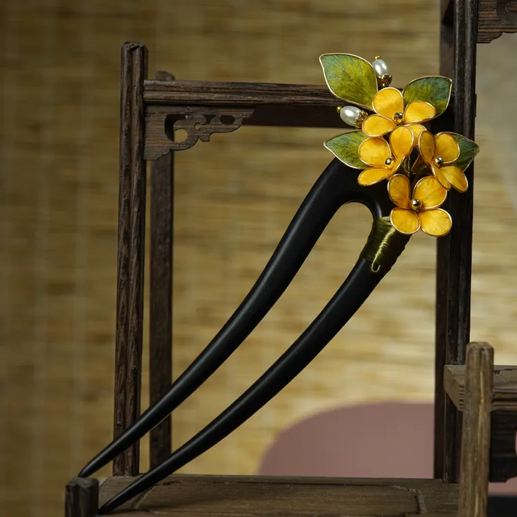 非遗绒花发簪手工掐丝u型黑檀木簪发钗黄色旗袍配饰