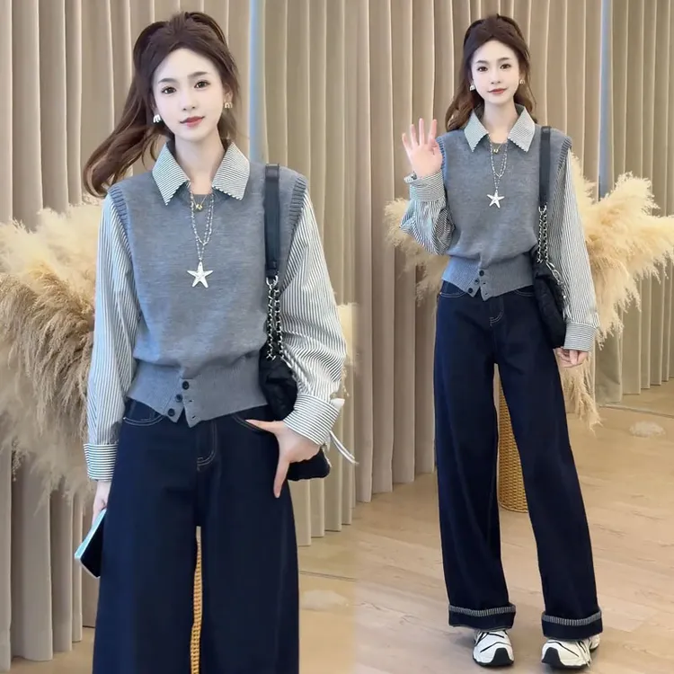 针织衫女2025秋季新款时髦洋气假两件条纹衬衫拼接法式长袖上衣潮