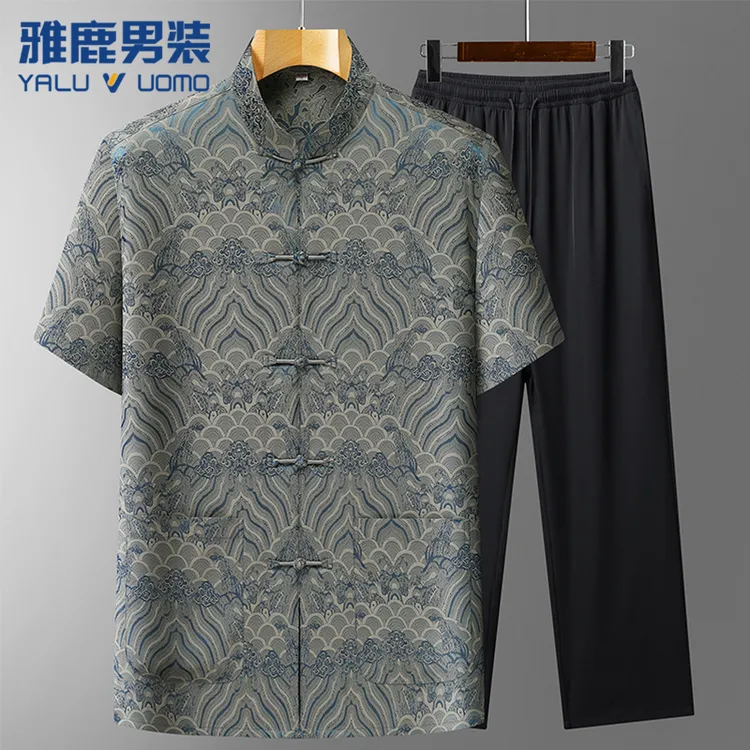 雅鹿男装夏季薄款冰丝老年人唐装套装休闲爷爷装晨练舒适宽松短袖