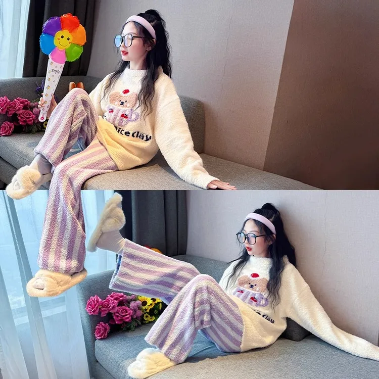 秋冬女童珊瑚绒睡衣2025新款初中生超好看家居服儿童加绒保暖套装