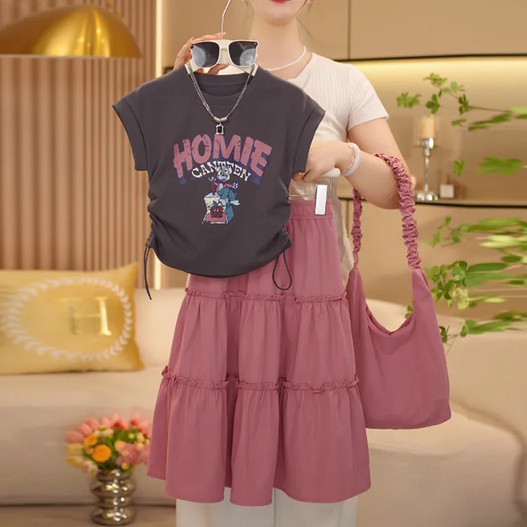 【闺蜜家】女童2025夏季新款时尚韩系卡通字母背心+公主裙套装-8221