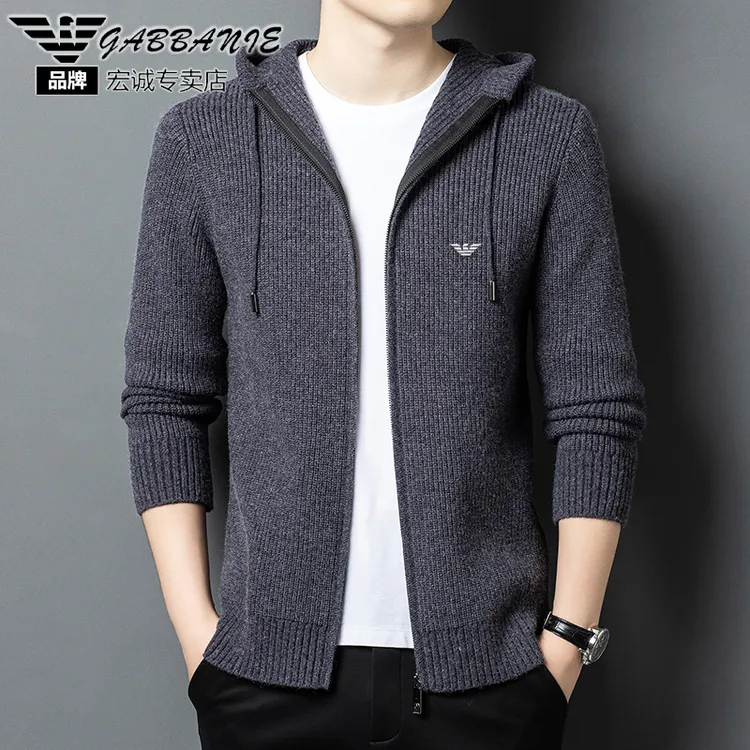 意大利加厚连帽开衫男士2025冬季宽松针织羊毛衫休闲毛衣拉链外套