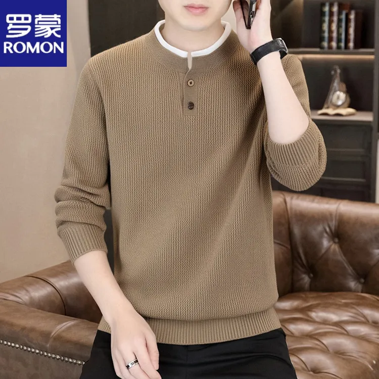 罗蒙2025秋冬爆款假两件圆领针织衫潮流男士学院风简约保暖毛衣潮