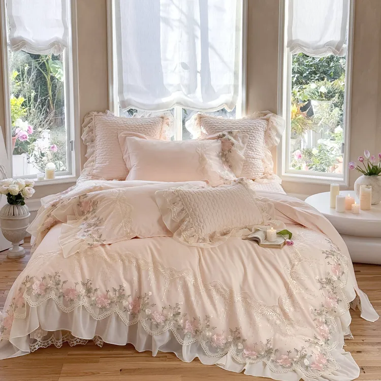 法式轻奢纯棉长绒棉高级感床上四件套公主风蕾丝床品被套床盖床品