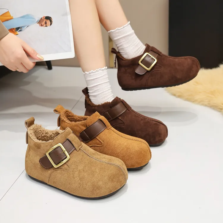 2025秋冬新款磨砂真皮大头勃肯鞋女休闲复古加绒保暖厚底懒人鞋