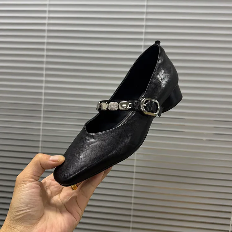 3cm/羊皮/真皮粗跟单鞋女高级感舒适方头女鞋法式中跟百搭鞋子女