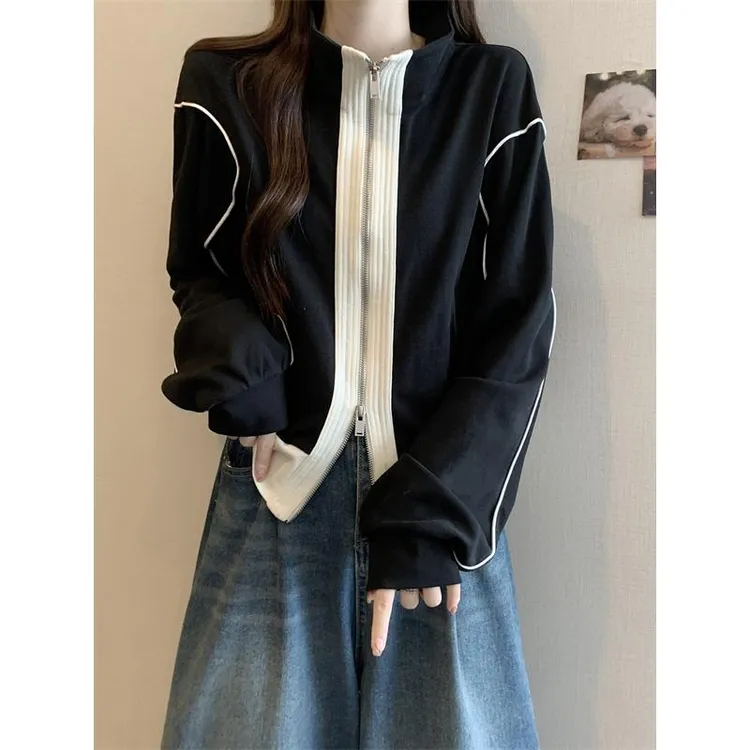 美式立领夹克外套女棒球服早秋季应季mm显瘦设计感双拉炼开衫上衣