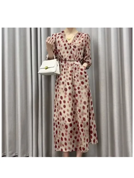 清言家女装显瘦连衣裙百搭夏季裙子V领碎花系绳长款法式长裙波点