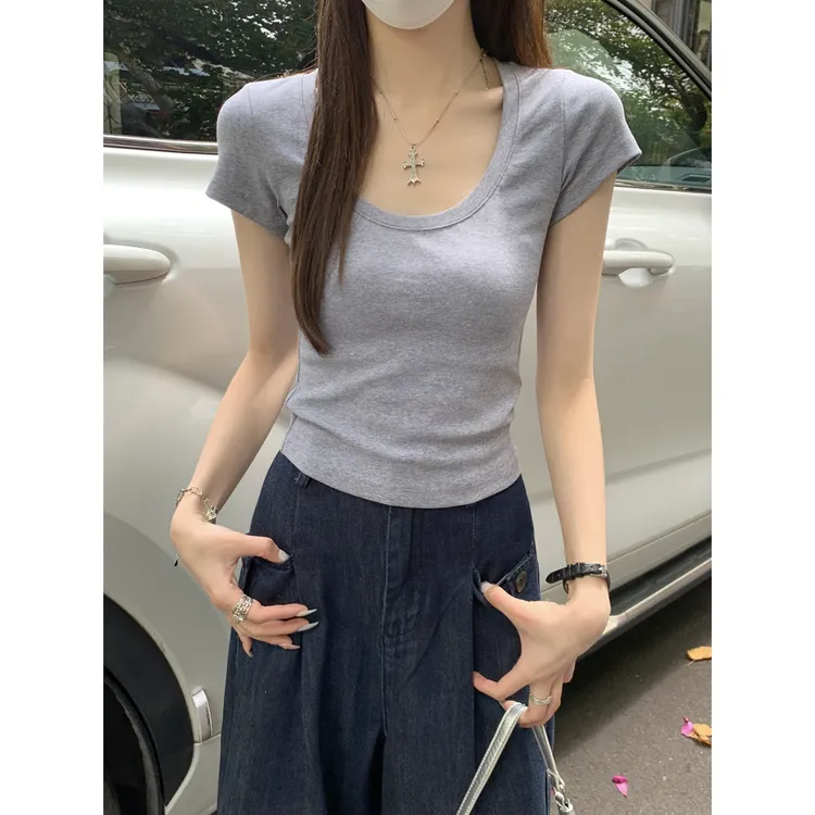 T恤女韩系风U领2025短袖实拍显瘦肩上衣夏季韩版百搭短款正修身