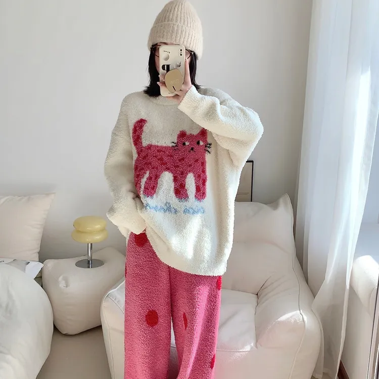 卡通可爱半边绒睡衣女秋冬软绵绵加厚保暖趣味波点猫咪家居服套装