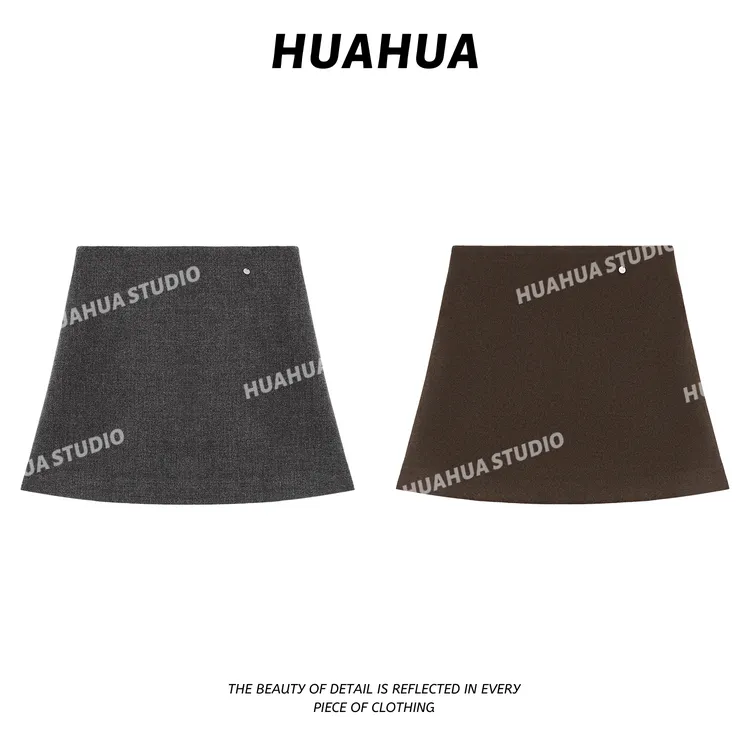 【花花】银扣半裙~韩版A字高腰加厚显瘦订标日常通勤休闲短裙