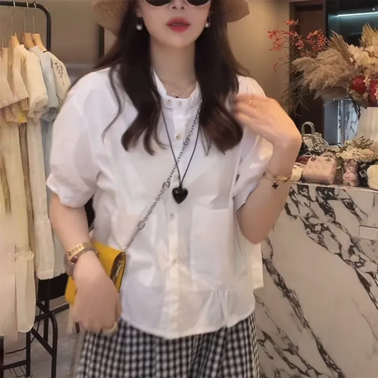 白色设计感立领衬衫女2025夏季新款时尚洋气显瘦减龄短袖休闲上衣