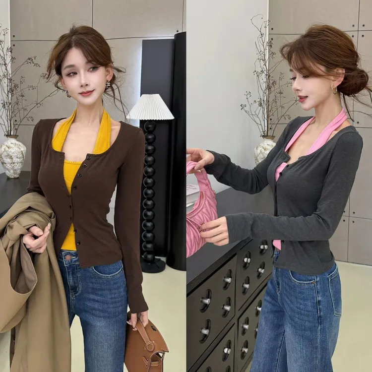 纯欲甜辣妹挂脖T恤女打底衫女内搭设计感小众独特假两件上衣春