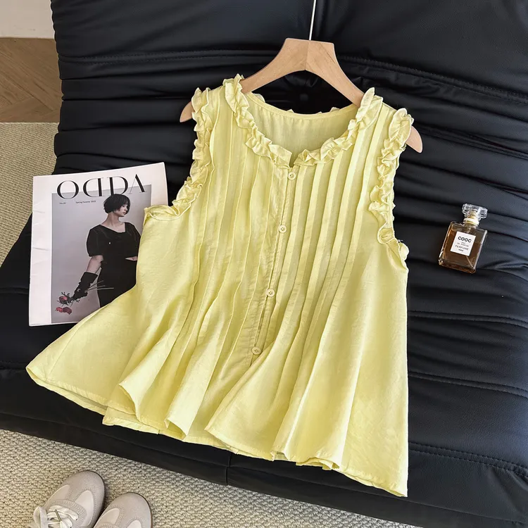 韩系甜美减龄气质木耳边压褶背心衬衫女士夏季宽松遮肚子休闲上衣