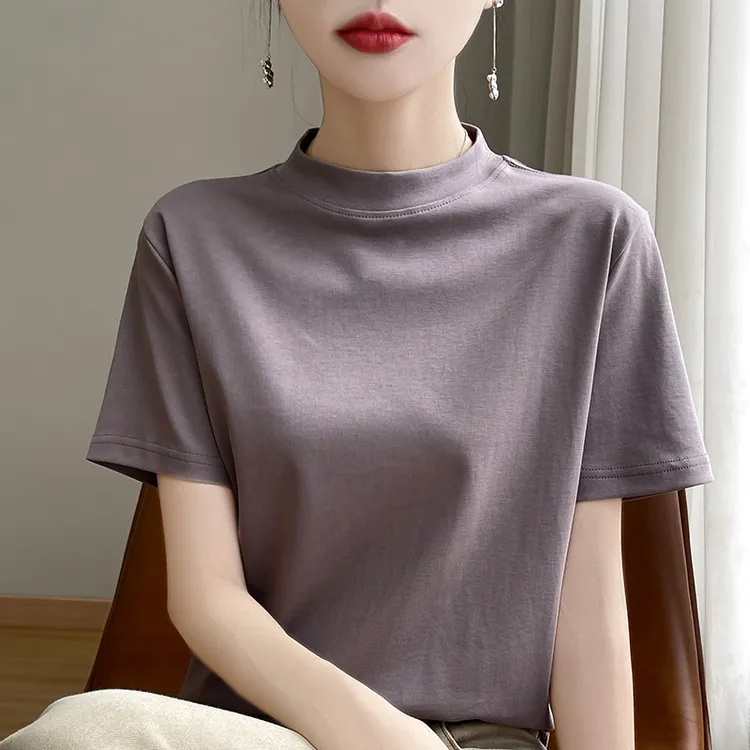 高雅气质100丝光纯棉短袖T恤女2025新款半高圆领纯色百搭打底上衣