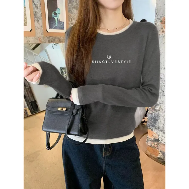 好看不单调~秋冬季德绒加厚款假两件长袖T恤女百搭修身显瘦上衣潮