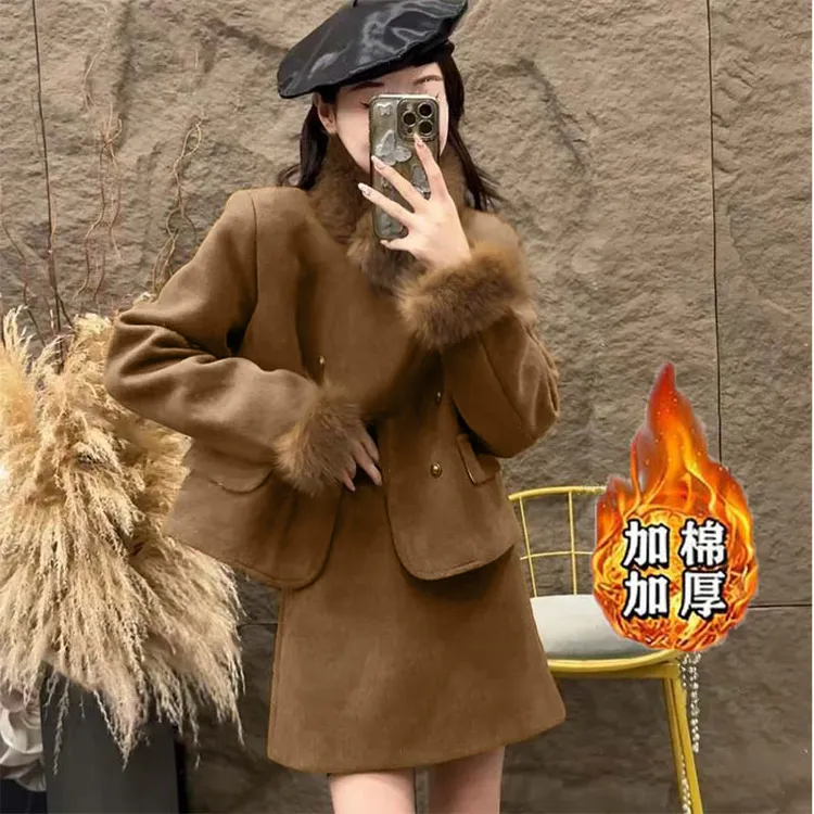 【加棉加厚两件套毛领不可拆】轻奢套装外套半身裙套装女TX0324