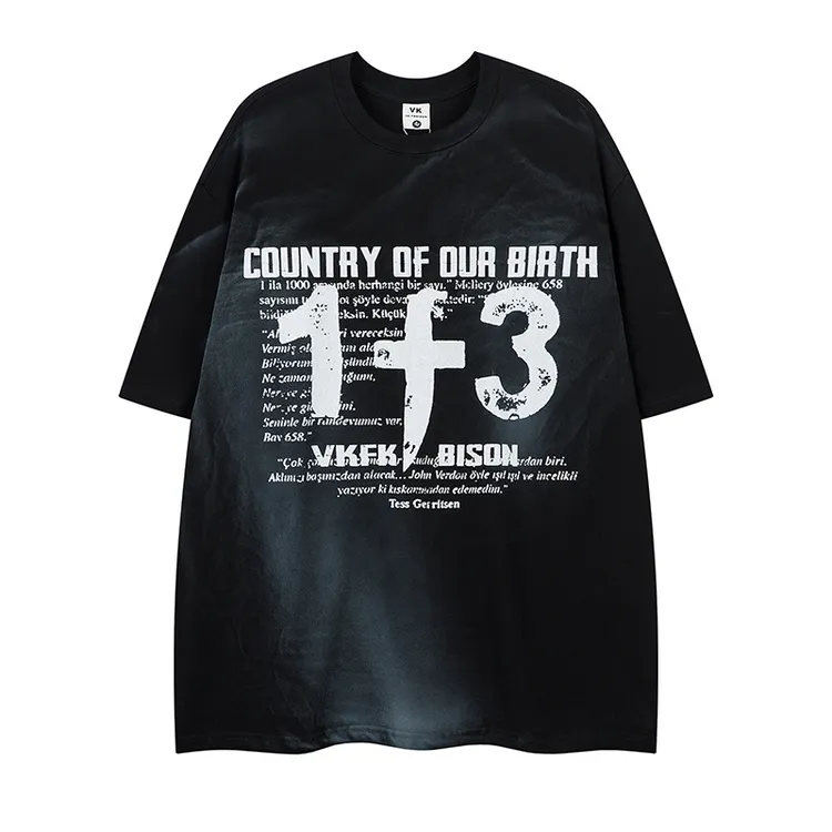 美式复古休闲潮流宽松做旧字母圆领短袖T恤日系街头嘻哈印花短t恤