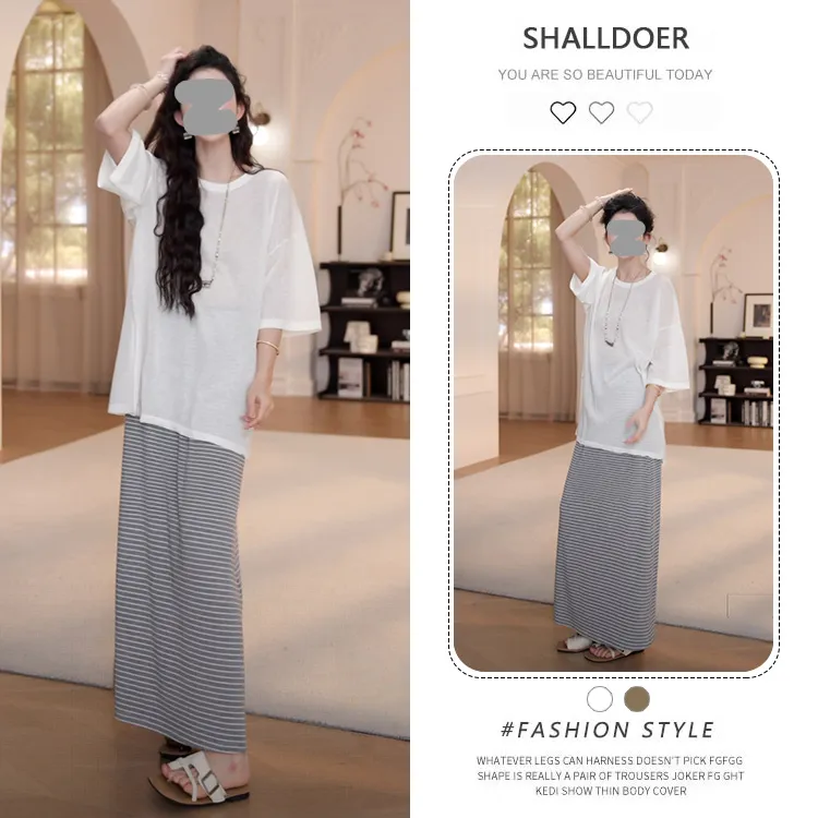 韩版时尚休闲套装女2026夏季新款慵懒风短袖t恤条纹半身裙两件套