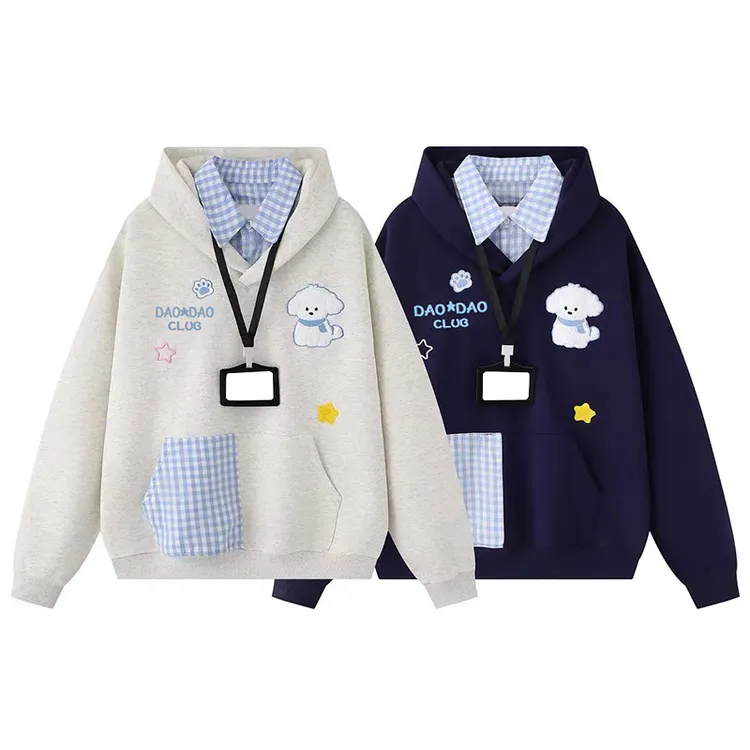 美式慵懒chic格纹拼接假两件连帽卫衣女2025宽松韩系学院风外套潮