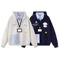 美式慵懒chic格纹拼接假两件连帽卫衣女韩系学院风宽松显瘦外套潮