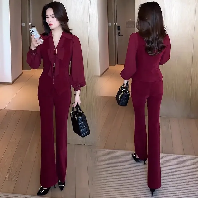 时尚套装女2025春季新款洋气质修身显瘦马甲衬衫微喇裤减龄三件套