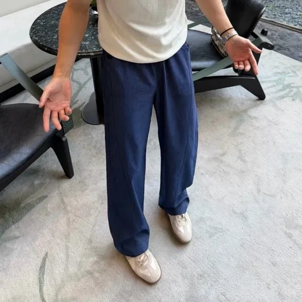 BVFEIED夏季男士老钱风深海蓝牛仔质感垂感直筒微阔潮流休闲裤