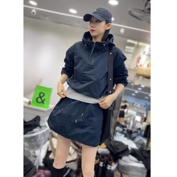 欧货假两件套装女2025秋季新款连帽抽绳长袖外套高腰短裙两件套潮