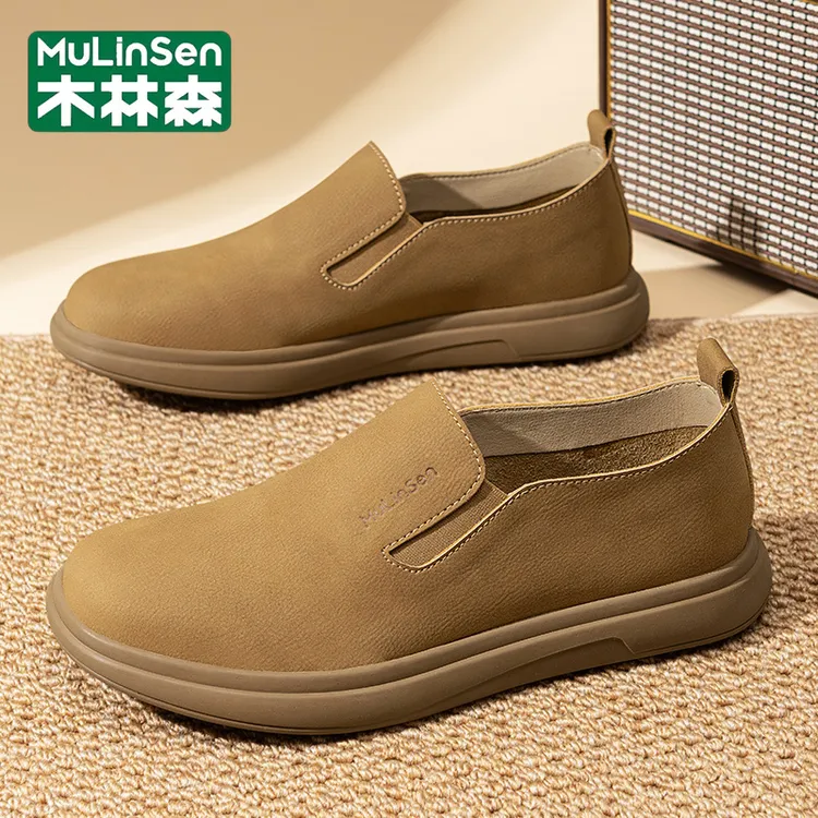 木林森男鞋2025新款秋季英伦风休闲百搭软底耐磨一脚蹬开车皮鞋男