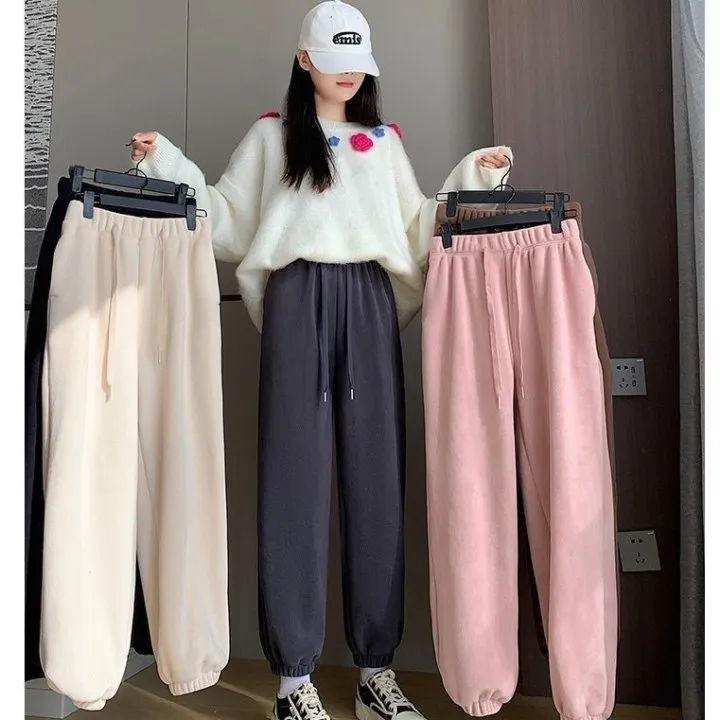 薄款摇粒绒加厚休闲裤女秋冬2023新款女裤加绒加厚束脚哈伦萝卜裤