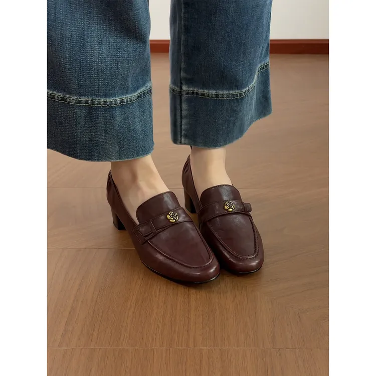 4cm/2496牛皮粗跟乐福鞋女春秋深口中跟单鞋真皮复古英伦小皮鞋
